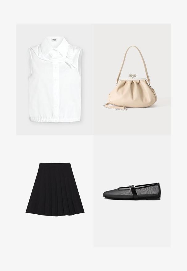 Chemise blanche sans manches à boutons avec col et un nœud près de l'encolure, avec une étiquette de marque à l'intérieur du col.; Jupe plissée noire en tissu texturé avec une taille ajustée. Arrive au genou, présentant une silhouette lisse et épurée.; Ballerine noire en mesh avec bout rond et bride Mary Jane réglable avec boucle argentée, sur un fond gris clair uni.; Sac à main en cuir souple beige avec un fermoir en métal argenté, une bandoulière simple et une bandoulière chaîne optionnelle sur fond blanc.