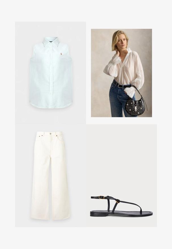 Ærmeløs hvid skjorte med krave og knapper samt lille broderet brunt logo på venstre bryst.; Hvidt vidtbenet jeans med høj talje, forrest med knap og lynlås, fem-lomme design og detaljer med kobbernitter.; Sort flad sandal med et minimalistisk design. Har tynde stropper, en tæerem, guldhardware og en glat, tekstureret sål.; Kvinde med kort blondt hår iført en hvid bluse og blå jeans, der holder en sort nittebelagt håndtaske med en enkelt rem.