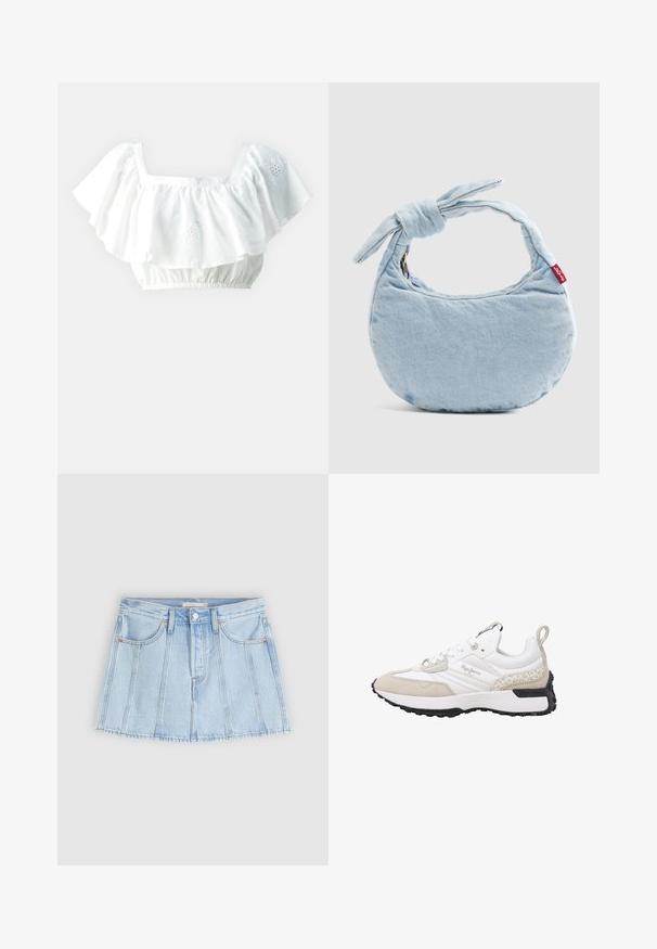 Blouse blanche courte avec des manches volantes, décolleté carré et ourlet élastique. Présente des détails floraux brodés subtils.; Mini-jupe en jean bleu clair avec bouton et fermeture éclair à l'avant, passants pour ceinture, deux poches avant et détails de coutures verticales.; Baskets blanches et beiges en suède et mesh, accents texturés, bout arrondi et semelle en caoutchouc. Logo visible sur le côté.; Sac à bandoulière en denim bleu clair avec un détail noué sur la poignée et une petite étiquette rouge Levi's sur le côté.