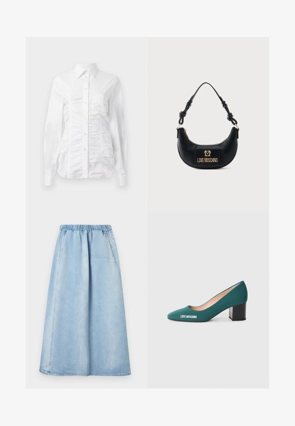 Hvid skjorte med lange ærmer, der har en rynket tekstur på fronten, små gyldne knapper og en klassisk krave.; Lyseblå denim midi-nederdel med elastisk taljebånd og sidelommer, lige silhuet og diskrete sømdetaljer.; Grøn stof høje hæle med spids tå, en chunky sort hæl, og "LOVE MOSCHINO" trykt i hvidt på siden.; Sort halvmåneformet håndtaske med knyttet håndtag og guld "Love Moschino" logo plaque foran, lynlåslukning øverst.
