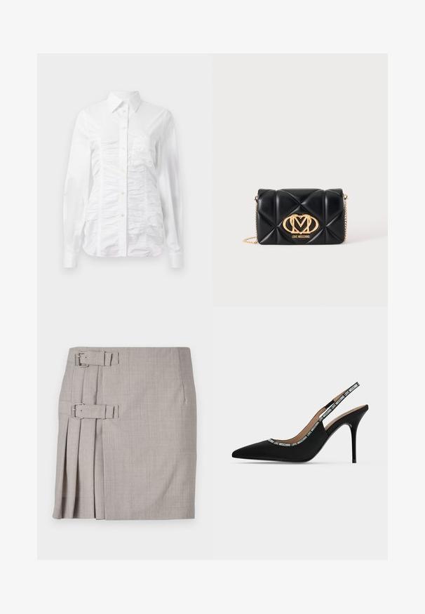 Camisa blanca de botones con mangas largas, que presenta una textura fruncida en la parte delantera, pequeños botones dorados y un cuello estándar.; Falda gris con tela texturizada, pliegues laterales y dos hebillas para un ajuste ajustable. Forma clásica recta, diseño a la altura de la rodilla.; Zapato negro de tacón alto tipo slingback con punta puntiaguda, tacón de aguja fino y texto "LOVE MOSCHINO" en la correa y el borde.; Bolso de mano negro acolchado de cuero con correa de cadena dorada y logotipo dorado de Love Moschino en el centro delantero.