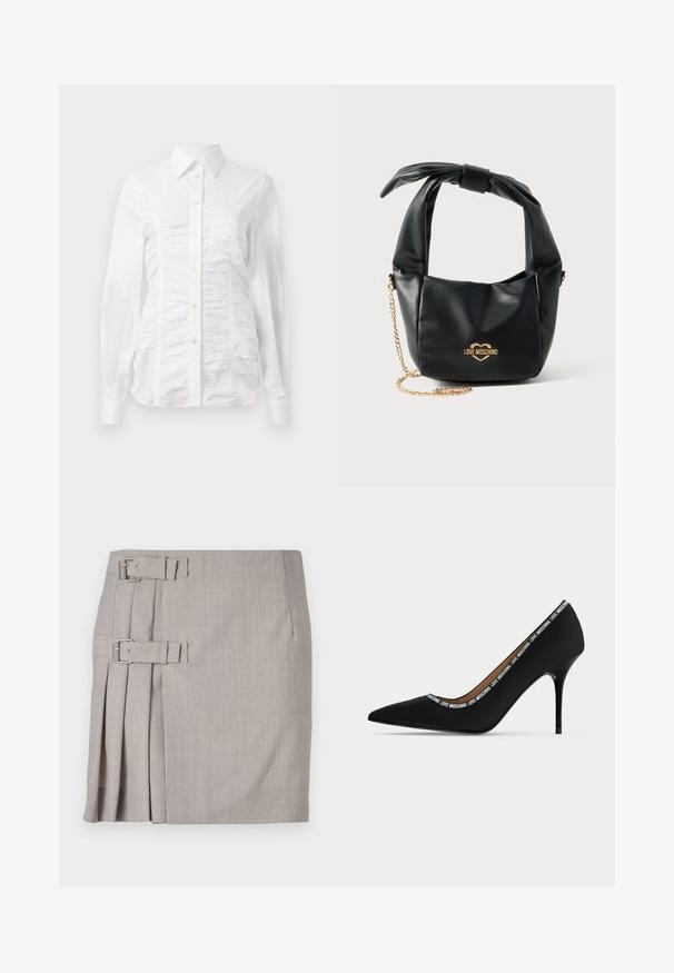 Witte button-up blouse met lange mouwen, voorzien van een gerimpelde textuur aan de voorkant, kleine gouden knopen en een standaard kraag.; Grijze rok met een gestructureerde stof, zijplooien en twee gespaccenten voor een verstelbare pasvorm. Klassieke rechte vorm, knie-lange ontwerp.; Zwart puntige hoge hak schoen met naaldhak en "LOVE MOSCHINO" tekstafwerking langs de opening, zijaanzicht op witte achtergrond.; Zwarte zachte leren Love Moschino handtas met geknoopt handvat en gouden kettingriem op een witte achtergrond.