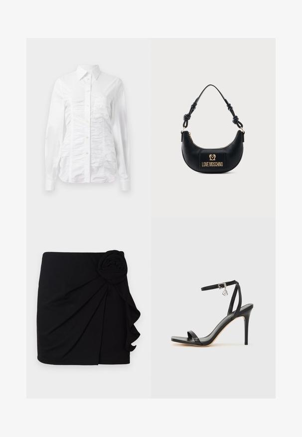 Chemise blanche à manches longues avec un texture froncée sur le devant, petits boutons dorés et col standard.; Jupe mini noire en tissu doux avec un design plissé. Présente un accent en forme de rose en tissu sur le côté et un ourlet à volants.; Sandale à talon haut noire avec une bride étroite à la cheville, bout carré, cuir lisse et accent de boucle métallique.; Sac à main noir demi-lune avec poignée nouée et plaque logo dorée "Love Moschino" sur le devant, fermeture éclair en haut.