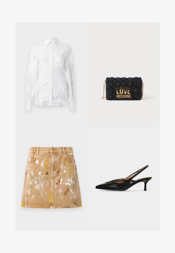Chemise blanche à manches longues avec un texture froncée sur le devant, petits boutons dorés et col standard.; Jupe en jean beige avec poches avant et éclaboussures de peinture blanche, jaune, verte, bleue et brune, créant un look artistique décontracté.; Chaussure slingback en cuir noir à bout pointu, petit talon kitten et détail boucle dorée à l'avant.; Sac bandoulière matelassé noir avec bandoulière chaîne dorée et grand logo doré "LOVE MOSCHINO" sur le devant.