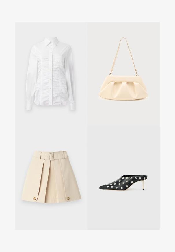 Chemise blanche à manches longues avec un texture froncée sur le devant, petits boutons dorés et col standard.; Jupe plissée beige avec une taille ajustée, de larges passants de ceinture et des accents de boutons au bas. Fabriquée en tissu léger et lisse.; STAND STUDIO KELSEY - Mules à talons - black; Sac à main en cuir couleur crème avec des plis froncés, des ferrures dorées, et une seule bandoulière fine sur un fond uni.