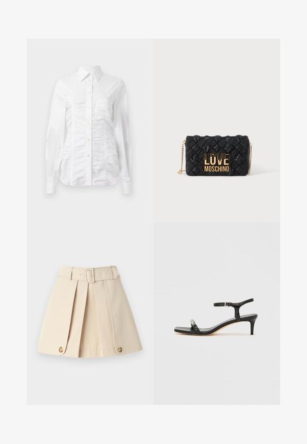 Camisa blanca de botones con mangas largas, que presenta una textura fruncida en la parte delantera, pequeños botones dorados y un cuello estándar.; Falda de plisado beige con una cintura ajustada, amplios lazos para cinturón y botones decorativos en el dobladillo. Confeccionada con una tela suave y ligera.; Sandalia de tacón de cuero negro con correa en el tobillo, punta abierta, frente cuadrado y detalle en hardware plateado. Diseño ajustado con un perfil elegante.; Bolso bandolera negro acolchado con correa de cadena dorada y gran logo dorado "LOVE MOSCHINO" en el frente.
