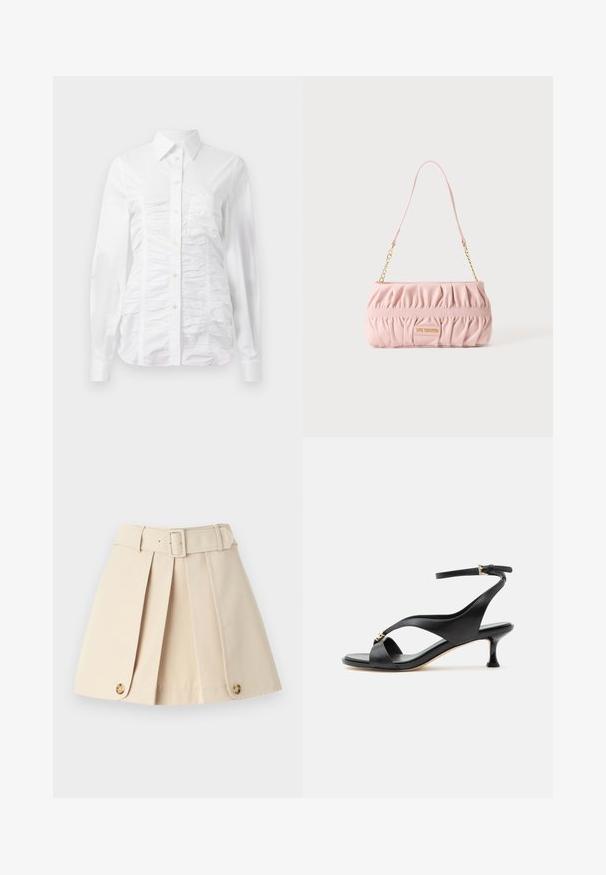 Chemise blanche à manches longues avec un texture froncée sur le devant, petits boutons dorés et col standard.; Jupe plissée beige avec une taille ajustée, de larges passants de ceinture et des accents de boutons au bas. Fabriquée en tissu léger et lisse.; Sandale noire en cuir pour femme avec un petit talon courbé, des lanières croisées et une bride de cheville réglable avec une petite boucle dorée.; Petit sac à main rose froncé avec bandoulière chaîne dorée et une plaque logo rectangulaire indiquant Love Moschino à l'avant.