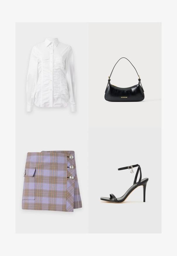 Witte button-up blouse met lange mouwen, voorzien van een gerimpelde textuur aan de voorkant, kleine gouden knopen en een standaard kraag.; Rabanne Minirok - purple/orange/cream/blue; Zwarte sandaal met hoge hak, smalle enkelband, vierkante neus, soepel leermateriaal en metalen gespsluiting.; Zwarte leren schoudertas met gouden rits en "LOVE MOSCHINO" logo aan de voorkant, voorzien van een gebogen bovenhengsel.