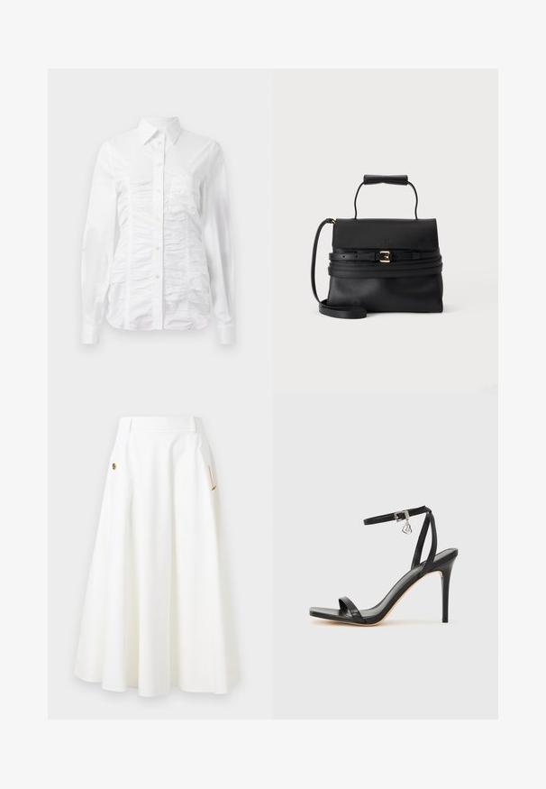 Chemise blanche à manches longues avec un texture froncée sur le devant, petits boutons dorés et col standard.; Jupe midi blanche en A avec poches latérales, détails en chaîne dorée et boutons décoratifs, et passants de ceinture à la taille.; Sandale à talon haut noire avec une bride étroite à la cheville, bout carré, cuir lisse et accent de boucle métallique.; Sac à main en cuir noir avec poignée supérieure, fermeture à rabat, ceinture décorative avec boucle dorée et bandoulière amovible sur fond blanc.