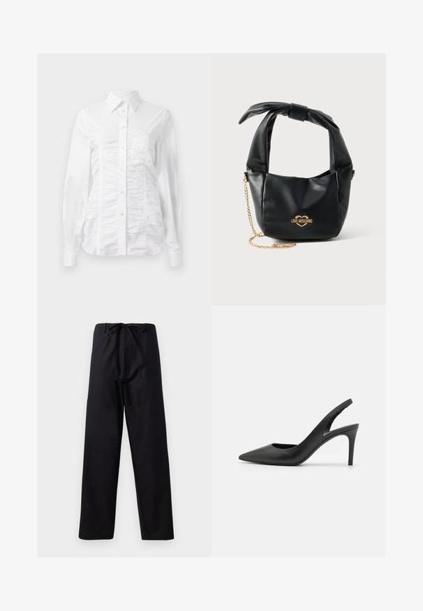 Witte button-up blouse met lange mouwen, voorzien van een gerimpelde textuur aan de voorkant, kleine gouden knopen en een standaard kraag.; Zwarte, middelzware broeken met een trekkoord in de taille, recht gesneden ontwerp en zonder zichtbare patronen of accenten. Glad textuur.; Zwarte leren slingback hoge hakken met een puntige neus, met een uitsparing aan de voorkant en een dunne stilettohak.; Zwarte zachte leren Love Moschino handtas met geknoopt handvat en gouden kettingriem op een witte achtergrond.