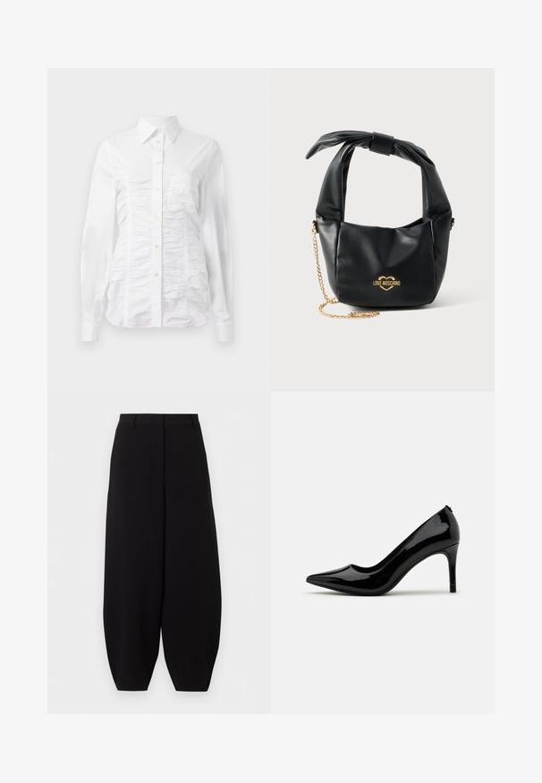 Chemise blanche à manches longues avec un texture froncée sur le devant, petits boutons dorés et col standard.; Pantalon noir à jambes larges et courtes, taille haute, sans poches visibles ni ornements.; Pump à talon haut en cuir verni noir avec un bout pointu et une silhouette épurée, présentant une texture lisse et un design minimaliste.; Sac à main Love Moschino en cuir noir souple avec poignée nouée et bandoulière chaîne dorée sur fond blanc.