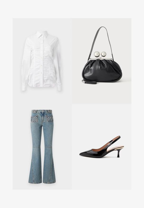 Chemise blanche à manches longues avec un texture froncée sur le devant, petits boutons dorés et col standard.; Jean flare bleu clair en denim, avec une ceinture tressée et des poches matelassées. Présente une taille ajustée et des jambes larges.; Escarpin slingback en cuir verni noir avec bout pointu et petit talon kitten sur fond blanc uni.; Sac à main en cuir noir avec un design plissé, une sangle unique, un cadre métallique argenté et deux grandes fermoirs ronds en argent.