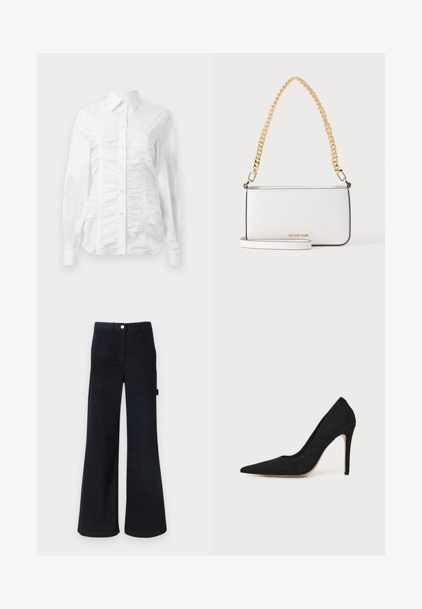 Chemise blanche à manches longues avec un texture froncée sur le devant, petits boutons dorés et col standard.; Pantalons évasés noirs à taille haute en tissu robuste. Comprend cinq poches et une fermeture à bouton en métal à la taille.; Escarpin stiletto noir à talon haut avec bout pointu et texture lisse, présenté de profil sur un fond clair uni.; Sac à main rectangulaire en cuir blanc avec une fine bordure noire, une anse chaîne dorée et un petit logo doré au centre avant.