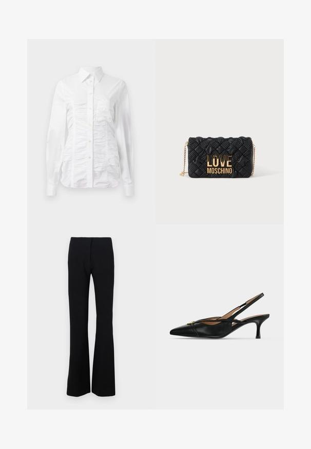 Chemise blanche à manches longues avec un texture froncée sur le devant, petits boutons dorés et col standard.; Pantalons noirs évasés en tissu extensible avec une texture lisse et une taille ajustée. Aucune fermeture visible ni motifs.; Chaussure slingback en cuir noir à bout pointu, petit talon kitten et détail boucle dorée à l'avant.; Sac bandoulière matelassé noir avec bandoulière chaîne dorée et grand logo doré "LOVE MOSCHINO" sur le devant.