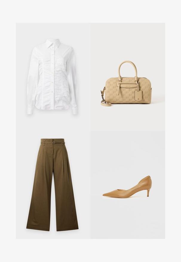 Witte button-up blouse met lange mouwen, voorzien van een gerimpelde textuur aan de voorkant, kleine gouden knopen en een standaard kraag.; Brede broek in olijfgroene stof, met een hoge taille, voorplooien en een zilveren ronde riemgesp. Soepele textuur.; Tan bruine leren pump met spitse neus en een kleine hak, voorzien van een uitgesneden ontwerp aan de zijkant voor extra detail en een gladde textuur.; Beige Michael Kors handtas met geperst MK-patroon, dubbele handvatten, voorvak met rits en afneembare schouderband op een witte achtergrond.