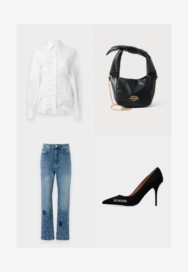 Hvid skjorte med lange ærmer, der har en rynket tekstur på fronten, små gyldne knapper og en klassisk krave.; Blå denimjeans med høj talje, lige pasform, prydet med hvide perler samt freds- og hjerte-symboler nær kanten.; Sort spids tå stilet hæl med teksten "LOVE MOSCHINO" på ydersiden og et glat slip-on design.; Sort blød læder Love Moschino håndtaske med knyttet håndtag og guldkæde-strop på hvid baggrund.