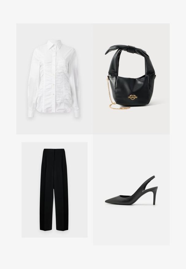 Camisa blanca de botones con mangas largas, que presenta una textura fruncida en la parte delantera, pequeños botones dorados y un cuello estándar.; Pantalones de pierna ancha negros con cintura alta, que presentan pliegues y una textura suave. El tejido parece ligero y se drapea de forma elegante.; Zapatos de tacón alto de cuero negro con diseño de punta afilada, que presentan un corte en la parte delantera y un delgado tacón de aguja.; Bolso Love Moschino de piel negra suave con asa anudada y correa de cadena dorada sobre fondo blanco.