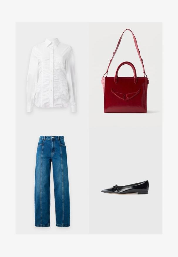 Hvid skjorte med lange ærmer, der har en rynket tekstur på fronten, små gyldne knapper og en klassisk krave.; Højtaljede blå denim jeans med brede ben, lodrette sømme foran, sidelommer, bæltestropper og knaplukning.; Sorte patentlæder flade sko med spids tå, lille dekorativ rem og lav blokhæl. Glat tekstur og strømlinet design.; Rød læderhåndtaske med dobbelte håndtag og justerbar skulderrem, med præget vinge design på frontpanelet.
