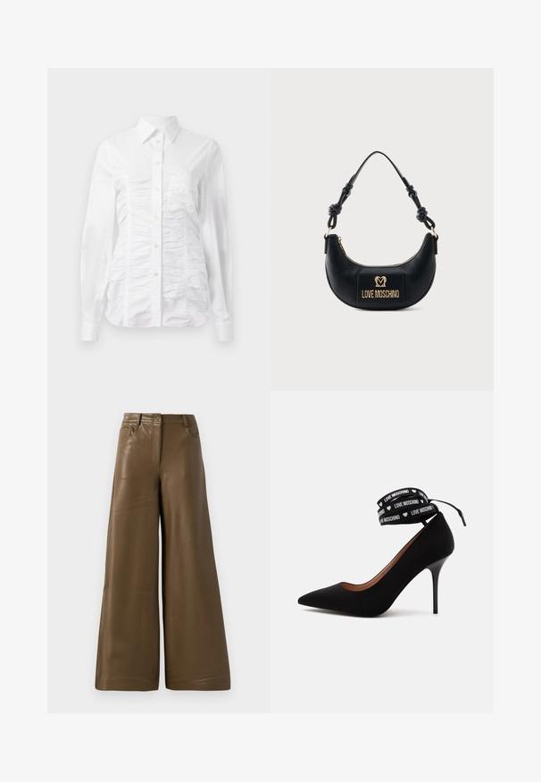 Camisa blanca de botones con mangas largas, que presenta una textura fruncida en la parte delantera, pequeños botones dorados y un cuello estándar.; Pantalones de pierna ancha hechos de suave cuero sintético marrón. Presentan una cintura alta, cuatro bolsillos y una cremallera frontal. Textura lisa y diseño minimalista.; Zapato de tacón alto negro con punta afilada y correa envolvente en el tobillo con texto "LOVE MOSCHINO" y pequeños símbolos de corazón en blanco.; Bolso negro en forma de media luna con asa anudada y placa frontal dorada con el logo "Love Moschino", cierre superior con cremallera.