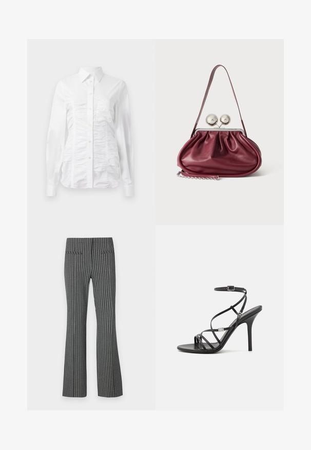 White button-up shirt with long sleeves, featuring a ruched texture across the front, small golden buttons, and a standard collar.; Black and white checkered trousers, flared leg design, featuring two back pockets and textured fabric with visible grid pattern.; Black high-heeled sandal with thin straps, an ankle buckle, a smooth leather surface, and a slender stiletto heel.; Small burgundy leather handbag with gathered details, a thin strap, and a silver clasp featuring two large round knobs.