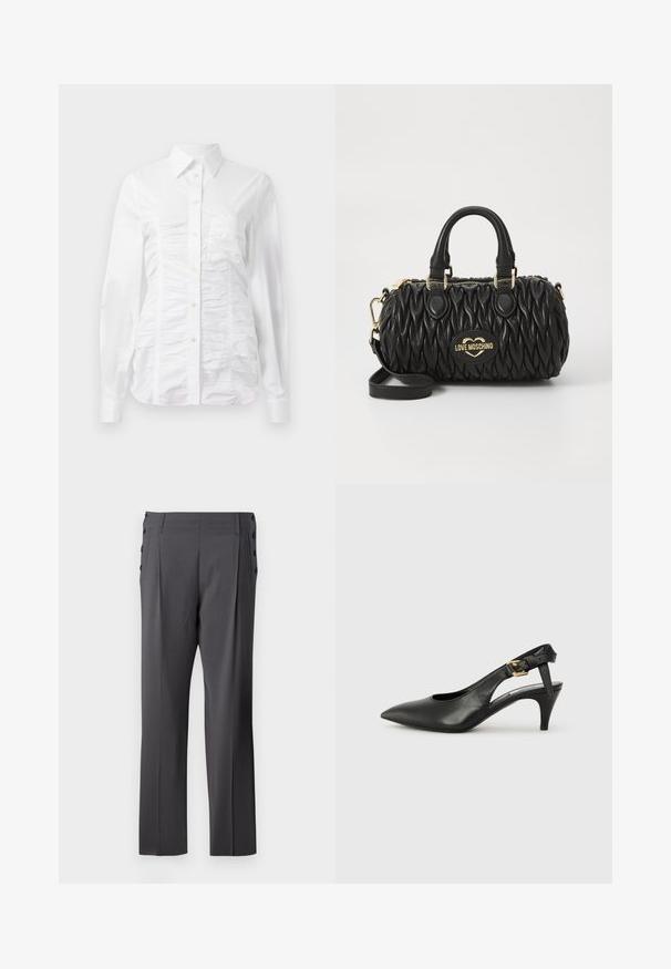Witte button-up blouse met lange mouwen, voorzien van een gerimpelde textuur aan de voorkant, kleine gouden knopen en een standaard kraag.; Grijze op maat gemaakte broek met een recht gesneden ontwerp, voorplooien en decoratieve zijknopen voor extra detail. Vriendelijke stoftextuur.; Zwarte leren slingback pump met een puntige neus, kleine hak en een gesp detail op de enkelband. Glad textuur, minimalistisch ontwerp.; Zwarte gewatteerde handtas met gouden hardware, ronde bovenhandvatten en een afneembare schouderriem. Kenmerkt een gelabelde ovale patch aan de voorkant.