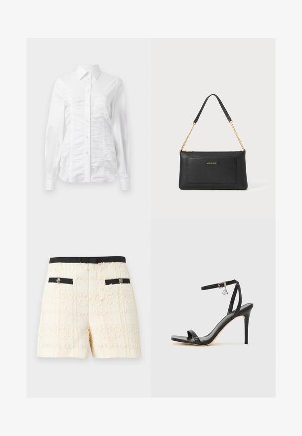 Chemise blanche à manches longues avec un texture froncée sur le devant, petits boutons dorés et col standard.; Shorts texturés couleur crème avec ceinture noire et poches à boutons décoratives bordées de noir sur un fond uni.; Sandale à talon haut noire avec une bride étroite à la cheville, bout carré, cuir lisse et accent de boucle métallique.; Pochette en cuir noir avec une texture en relief, bandoulière en chaîne dorée et une poche avant. Elle arbore un logo doré sur le devant.