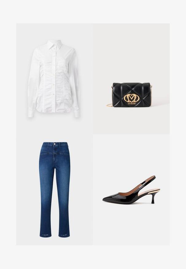 Hvid skjorte med lange ærmer, der har en rynket tekstur på fronten, små gyldne knapper og en klassisk krave.; Mørkeblå denimbukser med høj talje, slim fit, lige ben og to forlommer. Indeholder en metalknap og syningsdetaljer.; Sort laklæder slingback pumpe med spids tå og lav kitten hæl på en ens hvid baggrund.; Sort quiltet læderhåndtaske med guldkædestrop og gyldent Love Moschino-logo foran i midten.