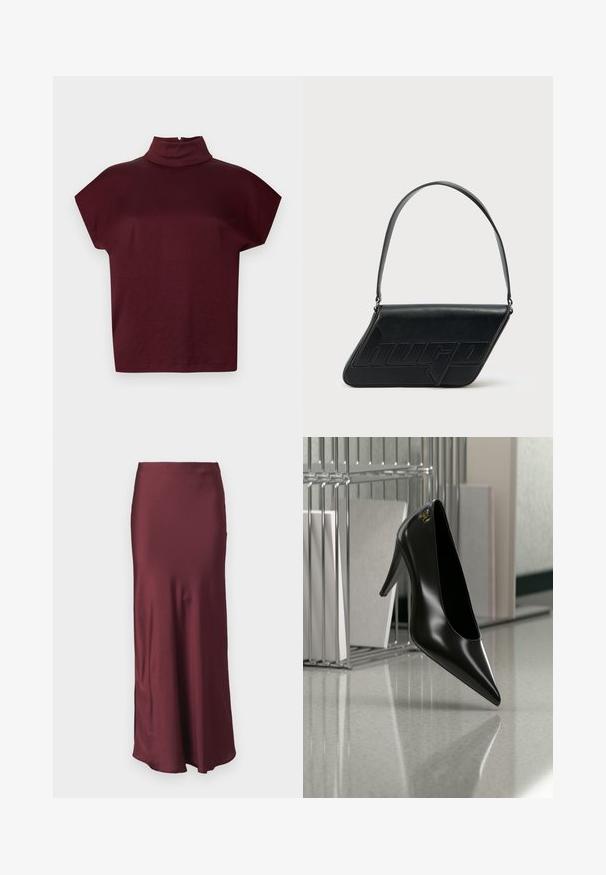 Haut à manches courtes bordeaux avec un col montant et une coupe décontractée, fabriqué en tissu doux, avec une fermeture au dos et une texture lisse.; Jupe maxi en satin bordeaux avec une taille ajustée et un ourlet évasé, présentant une texture lisse et sans motifs ni ornements visibles.; Chaussure noire à talon haut avec bout pointu et logo doré, posée sur une surface réfléchissante près d'un organiseur de dossiers en fil chromé contenant des documents.; Sac d'épaule en cuir noir de forme triangulaire, avec un logo embossé et une seule bandoulière réglable. Design minimaliste avec une texture lisse.