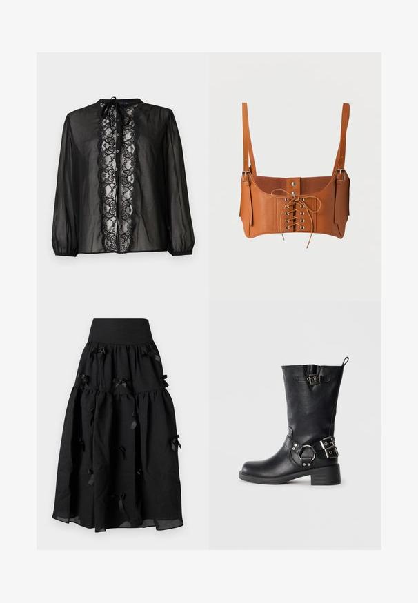 Zwarte doorschijnende blouse met een kanten paneel aan de voorkant, een ronde hals met strik, en lange mouwen met elastische manchetten. Knopen aan de voorkant.; Sister Jane BIRDIE BOW MIDI SKIRT - A-lijn rok - black; Zwarte leren kniehoog laars met een ronde neus, een lage hak, zijgespen als accent en een treklus achteraan.; Bruine leren cropped bustier met veter aan de voorkant, zilveren oogjes, drukknopen en verstelbare schouderbandjes met metalen gespen.