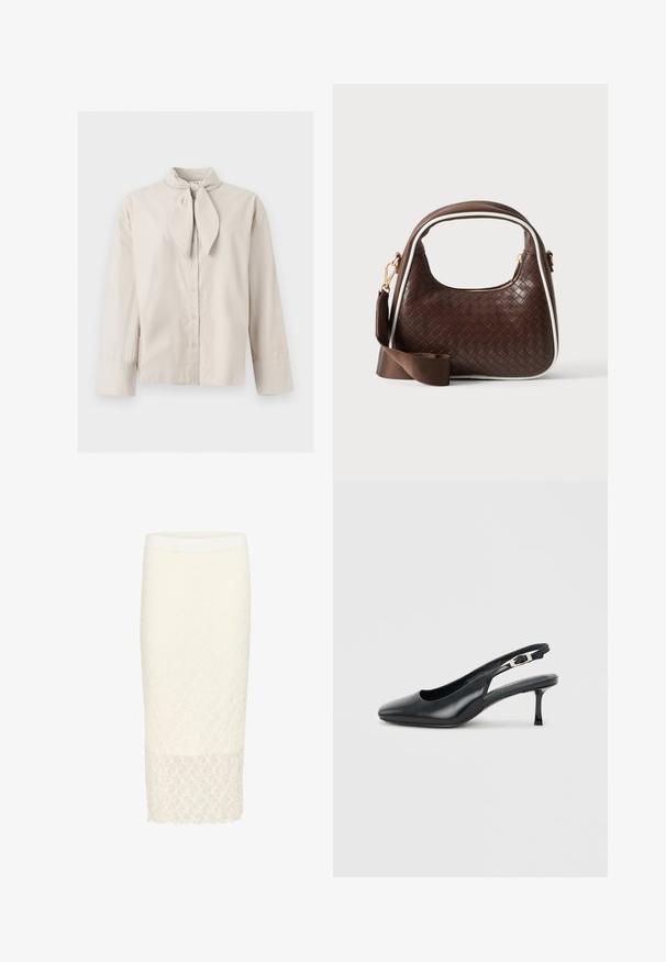 Blouse beige à manches longues avec boutons, détail noué au niveau du col et larges poignets aux manches, présentée sur un fond clair uni.; Jupe crayon en dentelle blanche avec un motif floral texturé, dotée d'une coupe mi-genou et d'une taille unie. Fini lisse au niveau de l'ourlet.; Chaussure slingback noire en cuir à bout pointu avec un petit talon aiguille bas et une bride réglable à boucle sur un fond clair uni.; Sac à main en cuir tressé marron avec passepoil blanc, fermeture éclair dorée et bandoulière amovible en tissu marron.