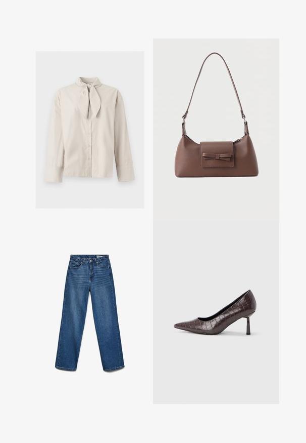 Blusa beige de manga larga con botones, detalle de cuello atado y puños anchos en las mangas, mostrada sobre un fondo claro y sencillo.; Vaqueros azules de pierna recta con botón y cremallera delanteros, cinco bolsillos y detalles sutiles de desgaste en los muslos.; Tacones puntiagudos de cuero sintético marrón con textura de cocodrilo, con un tacón delgado y angular y un forro interior suave.; Bolso bandolera de cuero marrón con un bolsillo frontal de solapa que presenta un detalle de moño cosido y una correa ajustable.