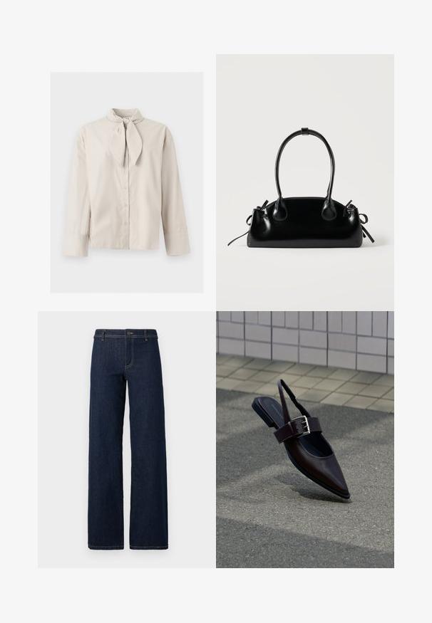 Beige langærmet knapbluse med bundet nakkedetalje og brede manchetter på ærmerne, vist på en ensartet lys baggrund.; Bredde ben mørk vaskede jeans med et klassisk fem-lomme design, lavet af denim, med guldtråd og en knaplukning i taljen.; Mørkebrune flade slingback-sko med spids tå, bred rem og stor sølvspænde på asfalt nær flisebelagt væg.; Lille sort blank håndtaske med to lange håndtag og snøre-detaljer i siden på en ensfarvet lys baggrund.