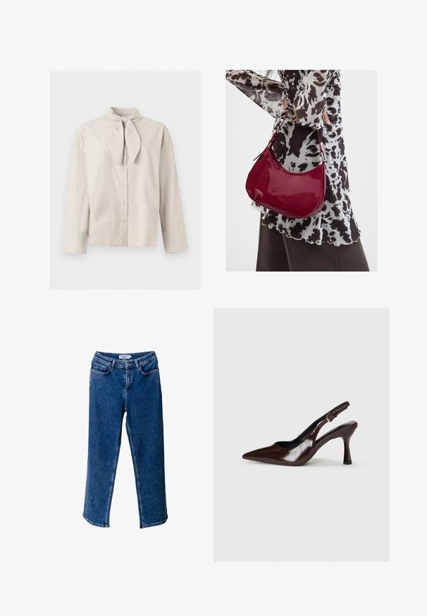 Beige langærmet knapbluse med bundet nakkedetalje og brede manchetter på ærmerne, vist på en ensartet lys baggrund.; Blå denim bred-leg jeans med høj talje, der har forlommer, kontrastsyninger og en afslappet pasform.; Brune patenterede læderslingback-sandaletter med spids tå, en tynd hæl og justerbar rem med en lille spænde.; Kvinde iført en sort- og hvidmønstret bluse, der holder en blank rød skuldertaske mod en ensfarvet baggrund.