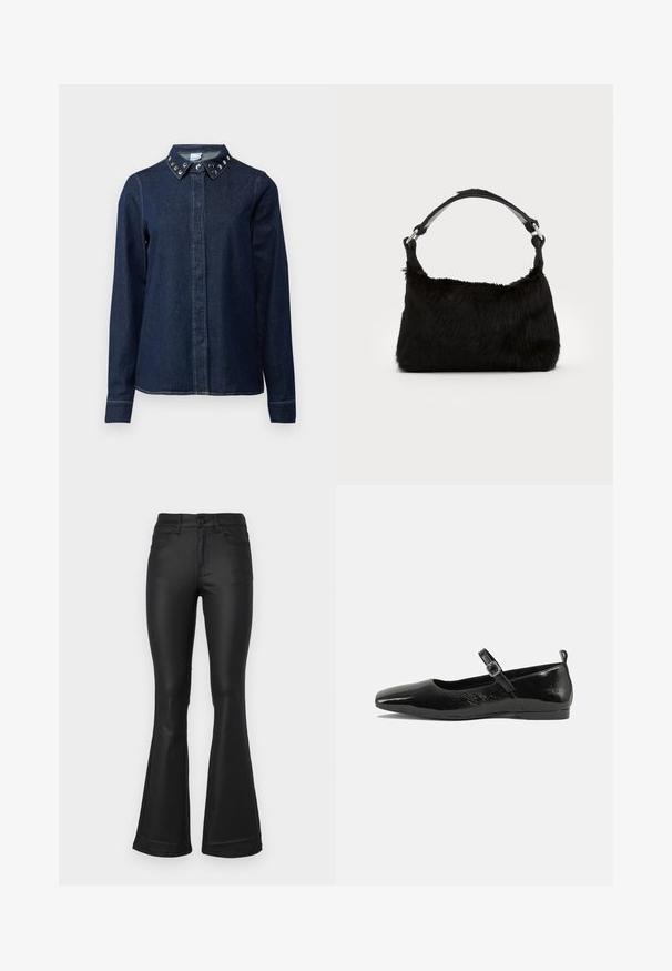 Donkerdenim overhemd met een knoopsluiting aan de voorkant, lange mouwen en een kraag met decoratieve metalen studs. Soepele textuur, klassieke snit.; Zwarte flared jeans gemaakt van een gladde stof. Bevat vijf zakken, een aansluitende taille en een brede beenopening aan de onderkant.; Zwarte patenten leren ballerina met een spitse neus, een enkelbandje met een gesp en een gladde, glanzende textuur. Lage hak voor comfort.; Zwarte neplederen handtas met een zachte textuur, ronde vorm en een stevige zwartleren schouderband. Zilveren hardwareaccenten zichtbaar.