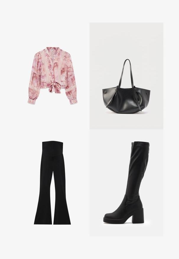 Blouse florale rose et mauve avec bordure en dentelle, manches longues bouffantes et détail noué sur le devant, avec un col en V et une coupe courte.; Pantalons évasés noirs avec une taille haute, fabriqués en tissu extensible. Présentent une texture lisse et un design simple et minimaliste.; Bottes noires montantes en matériau synthétique lisse, dotées d'un épais talon carré et d'un design épuré avec un haut élastiqué.; Sac à bandoulière en cuir noir avec deux longues anses, une forme arrondie et souple, et des détails à boutons de chaque côté.
