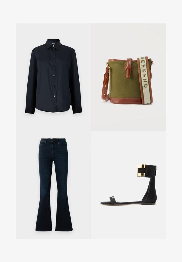 Sort skjorte med lange ærmer og knapper, med spidst krave og let buet kant, vist på en ensartet lys grå baggrund.; Mørkeblå flare jeans lavet af denim, med høj talje, standard lommer og subtil falmende på stoffet.; Sort flad sandal med tynd tårem og bred ankelmanchet med gyldent metal accent og lynlås bagpå.; Grøn lærreds-spandtaske med brun læderbesætning og justerbar rem med teksten "WEEKEND" på stofbånd.