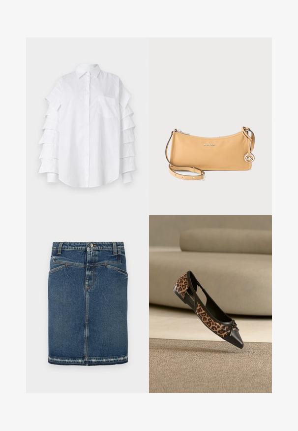 Weißes Hemd mit Kragen, das überlagerten Rüschenschlaufen, einer Brusttasche und durchknöpfbarem Vorderteil verfügt; aus leichtem Baumwollmaterial gefertigt.; Denimrock mit einem klassischen Blue-Wash, fünf Taschen-Design und fransigem Saum. Schließt mit einem vorderen Knopf und Reißverschluss.; Flacher Schuh mit Leopardenmuster an den Seiten, schwarzer spitzer Zehenpartie und kleinem Schleifendetail, vor beigem Sofa- und Teppichhintergrund dargestellt.; Hellbraune Michael Kors Schultertasche aus Leder mit silbernem Reißverschluss, dünnem verstellbarem Riemen und rundem MK-Logoanhänger.