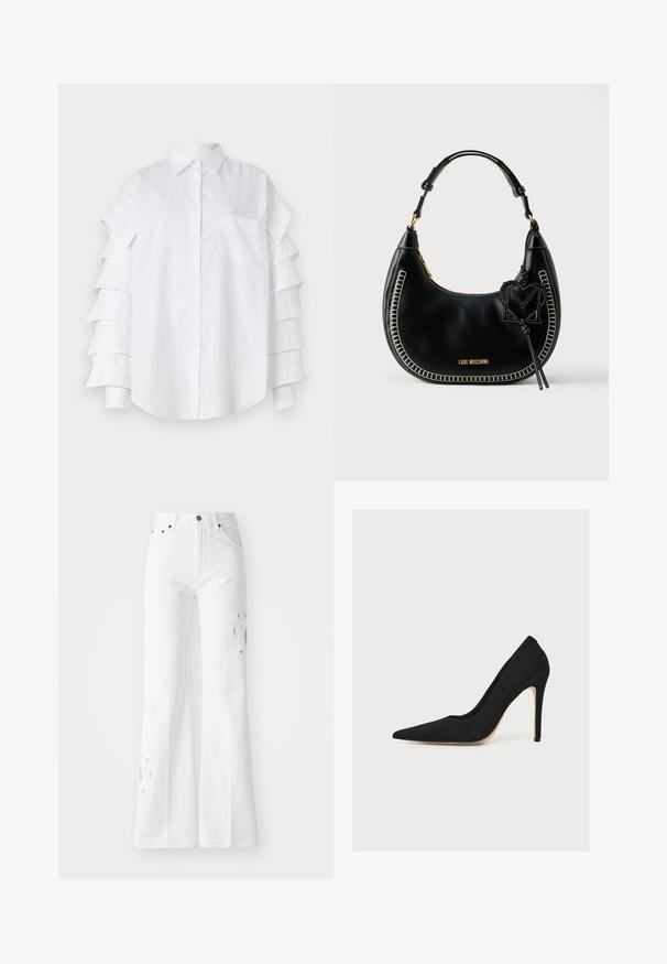 Hvid skjorte med lagdelte flæseærmer, en brystlomme og knaplukning foran; lavet af letvægts bomuldsmateriale.; Hvide flare-jeans lavet af denim, med høj talje, subtile udskæringsdesigns og fem lomme-stil. Metalknap og lynlås lukning.; Sort spids stilet med tynd hæl, fotograferet fra siden på hvid baggrund.; Sort hobo-taske i læder med kontrasterende hvide syninger, buet form, gulddetaljer og en dekorativ 'M'-vedhæng.