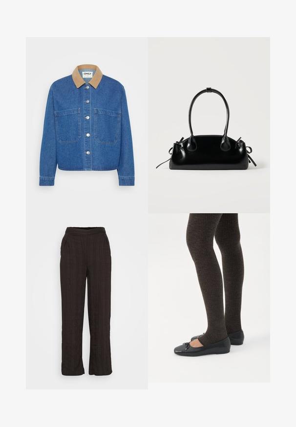 Veste en denim avec un col en velours côtelé marron clair, boutons en argent, deux poches avant et une coupe décontractée. Tissu bleu avec une texture lisse.; Pantalons larges noirs en tissu texturé avec un design plissé. Dotés d'une ceinture élastique et de poches latérales.; Jambes portant des leggings côtelés foncés associés à des ballerines noires avec de petits détails en nœud sur fond blanc.; Petit sac à main noir brillant avec deux longues anses et des détails à cordon sur les côtés sur un fond clair uni.