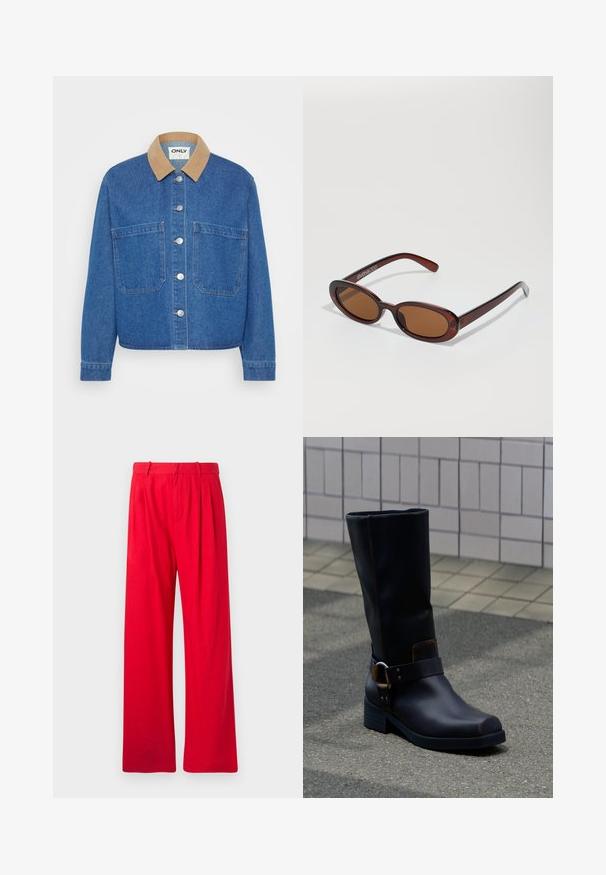 Chaqueta de denim con un color de corduroy marrón claro en el cuello, botones plateados, dos bolsillos frontales y un ajuste relajado. Tejido azul con una textura suave.; Pantalones anchos rojos hechos de tela suave, con pliegues frontales, una cinturilla plana y una textura suave. Sin bolsillos ni patrones visibles.; Bota de cuero negra a media pantorrilla con tacón bajo y una correa decorativa con hebilla metálica, apoyada sobre una superficie pavimentada gris cerca de una pared alicatada.; Gafas de sol redondas con tinte marrón y un marco burdeos brillante. Patillas delgadas con un sutil detalle de marca. Diseño de lentes planos.