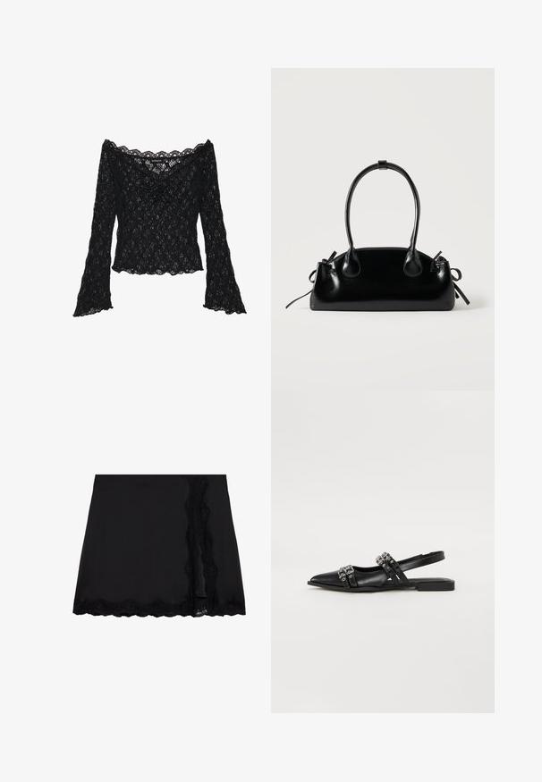 Haut en dentelle noire avec un col bardot, des manches longues évasées et des bords festonnés. Motif floral texturé sur l'ensemble.; Even&Odd by Zalando Minijupe - black; Even&Odd by Zalando Ballerines à brides arrière - black; Petit sac à main noir brillant avec deux longues anses et des détails à cordon sur les côtés sur un fond clair uni.