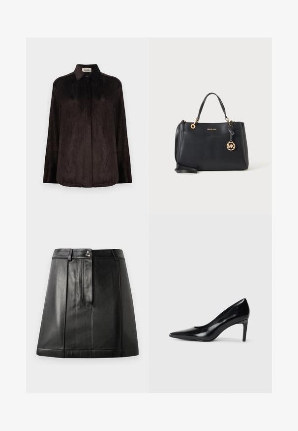 Chemise à manches longues en velours côtelé marron foncé avec col, poignets boutonnés et boutons dissimulés à l'avant, présentée sur fond blanc.; Jupe en cuir noir avec une forme structurée, dotée d'une poche avant et d'un accent métallique à la taille. Texture lisse et détails de couture.; Chaussure à talon haut en cuir noir avec un bout pointu, texture lisse et un talon effilé. Design minimaliste, sans embellissements supplémentaires.; Sac à main en cuir noir avec éléments dorés, double anse, bandoulière et un porte-clés rond avec logo MK suspendu à l'avant.