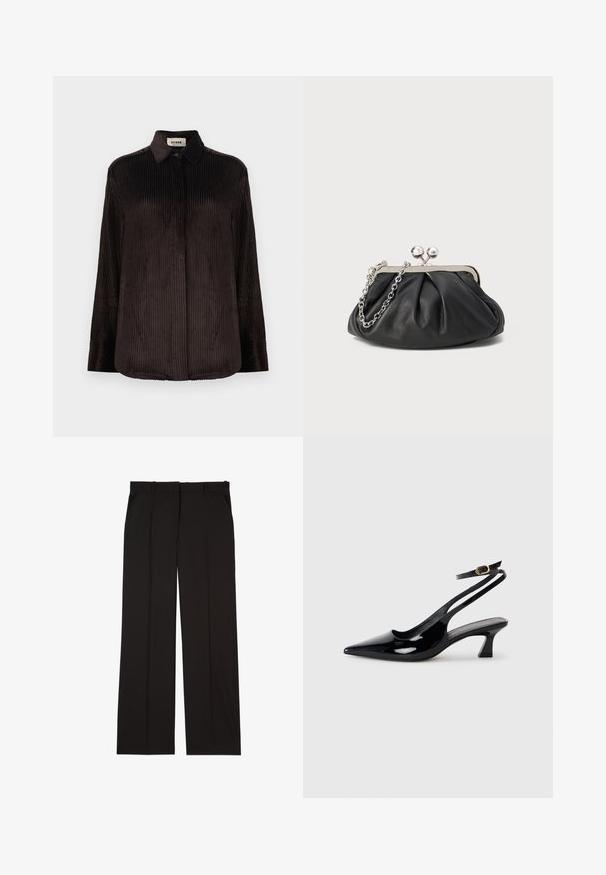 Camisa de manga larga de pana marrón oscuro con collar, puños abotonados y botones frontales ocultos, presentada sobre un fondo blanco.; Pantalones negros ajustados hechos de una tela suave, con un diseño de pierna recta y dos bolsillos laterales. Construcción elegante y minimalista.; Zapatos de tacón de charol negro con punta afilada, tacón bajo tipo bloque y correa ajustable en el tobillo con un hebilla dorada.; Clutch de cuero negro con textura arrugada, marco de metal en tono plateado, cierre de beso y cadena para colgar. Superficie suave y lisa.