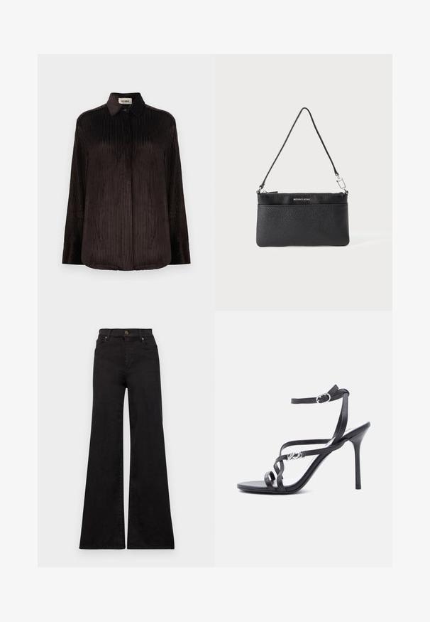 Chemise à manches longues en velours côtelé marron foncé avec col, poignets boutonnés et boutons dissimulés à l'avant, présentée sur fond blanc.; Jean flare noir en denim avec taille haute, présentant des poches avant et des garnitures métalliques sur le bouton et les rivets.; Sandale à talon noir avec fines lanières, boucle à la cheville et détail logo en métal sur la lanière latérale, sur fond blanc.; Porte-monnaie en cuir noir, finition texturée, fermeture à glissière, quincaillerie en métal argenté, logo de la marque, bandoulière réglable. Forme compacte et rectangulaire.