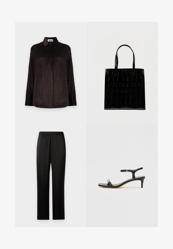 Chemise à manches longues en velours côtelé marron foncé avec col, poignets boutonnés et boutons dissimulés à l'avant, présentée sur fond blanc.; Pantalons noirs à jambes droites avec ceinture élastique, en tissu lisse, sans poches ni embellissements visibles, présentés sur un fond blanc.; Sandale noire en cuir à talon avec bride à la cheville, bout ouvert, devant carré et accent en métal argenté. Design ajusté avec un profil élégant.; Sac cabas en cuir verni noir avec motif en grille verticale, double poignée et finition lisse et brillante. Détail du logo à l'avant.
