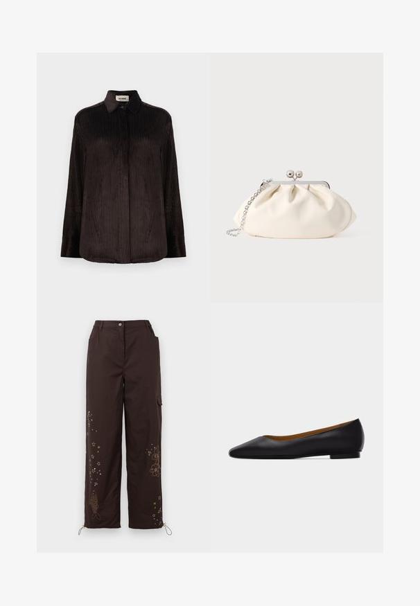 Chemise à manches longues en velours côtelé marron foncé avec col, poignets boutonnés et boutons dissimulés à l'avant, présentée sur fond blanc.; Pantalons larges bruns avec des motifs brodés d'étoiles et de poissons. Comprend une taille élastique, deux poches latérales et des liens réglables aux chevilles.; Chaussure plate en cuir noir à bout pointu avec talon bas et finition lisse, vue de côté sur un fond gris clair.; Pochette en tissu crème avec un design froncé, cadre en métal argenté, deux boules décoratives, et une bandoulière chaîne argentée.