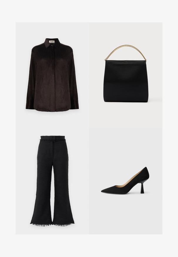 Camisa de manga larga de pana marrón oscuro con collar, puños abotonados y botones frontales ocultos, presentada sobre un fondo blanco.; Pantalones de pierna ancha negros con tela texturizada, dobladillo deshilachado y cinturilla elástica. El diseño presenta un acabado suave y un ajuste relajado.; Zapato de tacón alto de ante negro con punta afilada, que cuenta con un tacón de bloque negro brillante y un forro interior suave.; Bolso negro de tela suave, con forma estructurada, asa de cadena dorada y diseño geométrico minimalista.