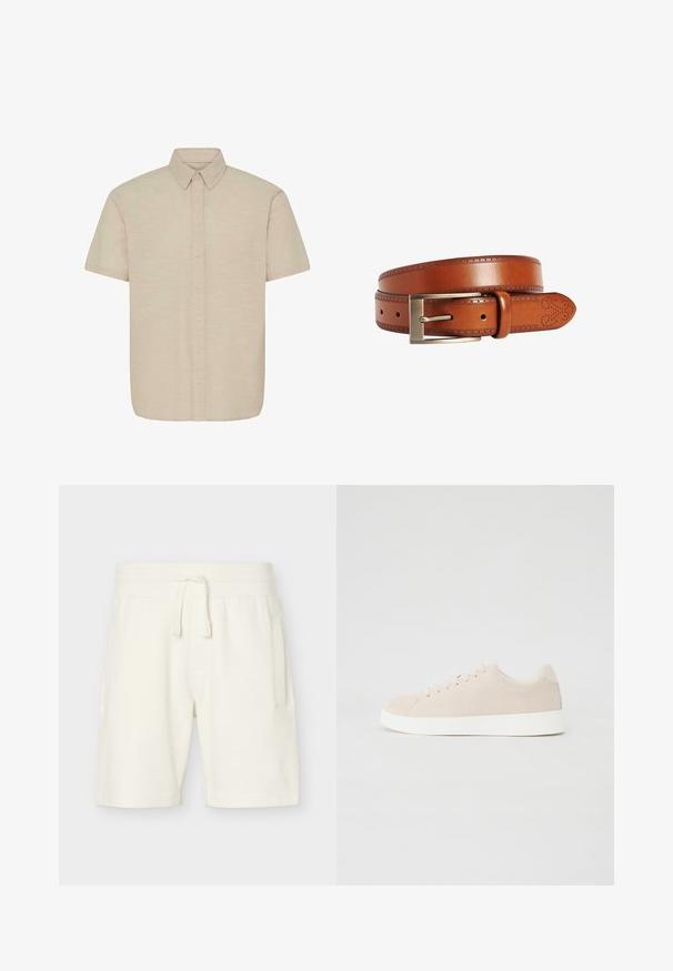 Camisa de manga corta de color beige claro, abotonada y confeccionada en un tejido con textura, que cuenta con un cuello clásico y un corte recto con acabado limpio.; Pantalones cortos blancos con textura hasta la rodilla con cintura elástica y cordón, con bolsillos laterales y un corte casual.; Zapatillas de ante beige con suelas de goma blanca, puntera redondeada y seis ojales para los cordones. Textura suave con un diseño minimalista.; Cinturón de cuero marrón con hebilla rectangular de metal, patrones decorativos perforados a lo largo de los bordes y una perforación en forma de corazón cerca de la punta.
