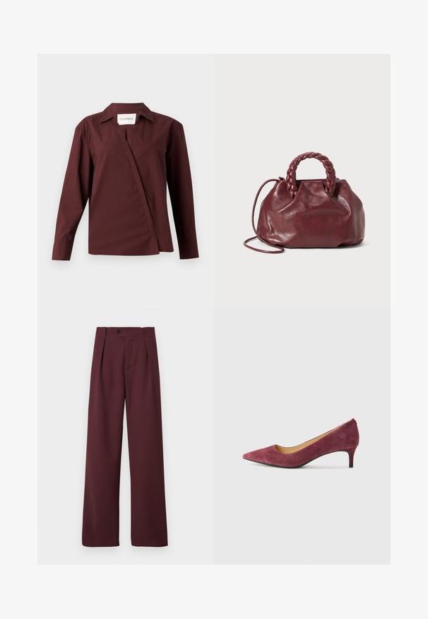 CLOSED ASYMMETRIC SHIRT - Hemdbluse - dark raisin red; CLOSED MAWSON - Stoffhose - dark raisin red; Bordeauxleder Pumps mit hohem Absatz, spitzem Zehenbereich, niedrigem Absatz und glatter Innenauskleidung. Strukturiertes Äußeres und elegantes, klassisches Design.; Burgunderfarbene Lederhandtasche mit geflochtenem Griff, weicher Textur und runder Form. Verfügt über einen abnehmbaren Schultergurt für vielseitige Tragemöglichkeiten.