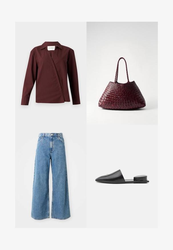 CLOSED ASYMMETRIC SHIRT - Chemisier - dark raisin red; Jean en denim léger bleu clair à taille haute, avec fermeture à boutons et à glissière à l'avant, et poches avant sur fond blanc.; Mules noirs en cuir à enfiler avec un bout pointu, un design minimal et un accent texturé au talon arrière. Surface lisse et semelle plate.; DRAGON DIFFUSION SANTA CROCE BIG - Sac à main - bordo